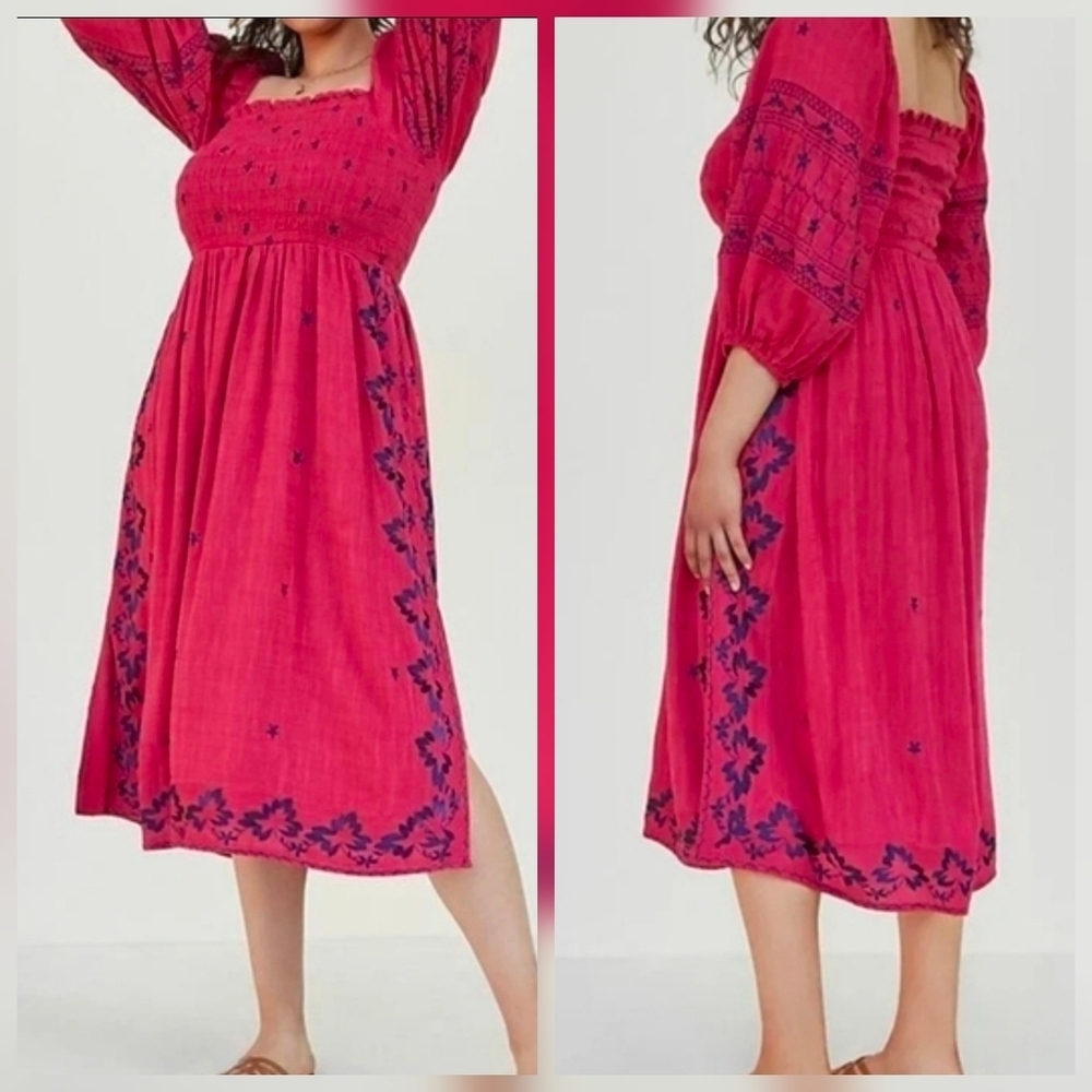 ANTHROPOLOGIE Women's Bonnie Smocked Embroidered Midi Dress, Fuschia, XS
